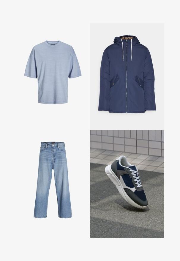 Jūras zila pufīgā jaka ar kapuci, kas aprīkota ar priekšējo rāvējslēdzēju, divām sānu kabatām ar pogām un baltiem aukliņām.; Gaiši zils īsās piedurknes t-krekls, kas izgatavots no mīkstas auduma. Tam ir apaļa kakla izgriezuma forma un brīvs piegriezums ar šūtām malām. Vienkāršs dizains, bez rakstiem.; Gaiši zili džinsu bikses ar platām kājām un augstu jostu, kas aprīkotas ar pogu aizdari, piecu kabatu dizainu un vieglu izbalējušu efektu. Tīra apdare.; Sporta apavi ar tumši zilas krāsas tīkla augšdaļu, pelēku zamšādas akcentiem, baltu gumijas zoli un plakaniem baltiem šņorēm, kas izstrādāti komfortam un elpojamībai.