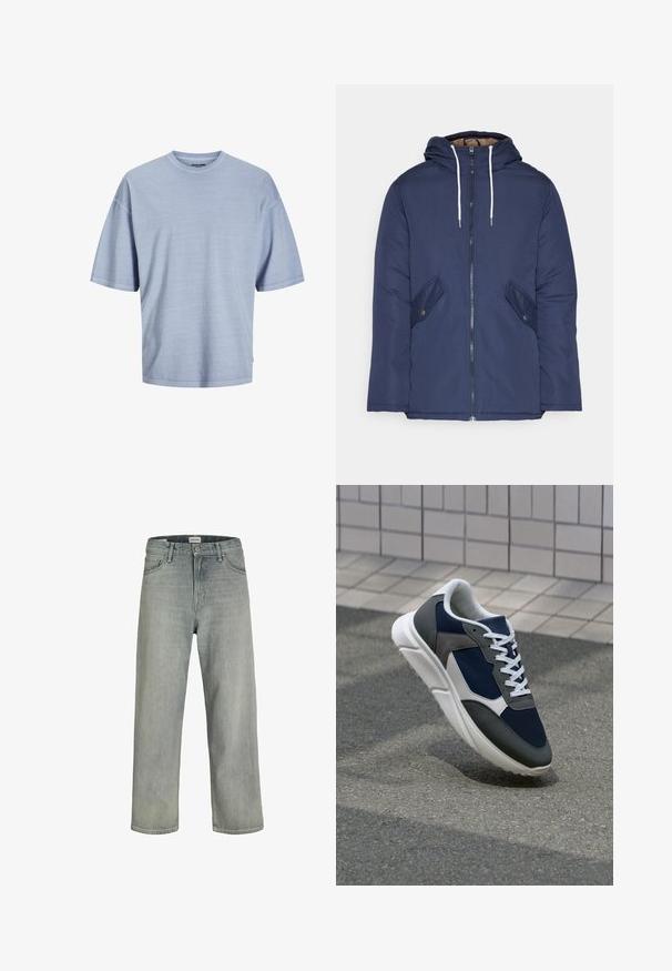 Mornarsko modra podložena jakna s kapuco, ki ima sprednji zadrgo, dva stranska žepa s gumbi in bele vrvice.; Svetlo modra kratka majica s kratkimi rokavi iz mehkega blaga. Ima okroglo ovratnico in sproščen kroj s prišitimi robovi. Preprost dizajn, brez vzorcev.; Svetlo sivi, široki traperice iz denima. Ima klasični dizajn s pet džepova, petlje za remen i ravno krojenje.; Superge z zgornjim delom iz mrežaste tkanine v mornarsko modri barvi, sivi usnjeni poudarki, belo gumijasto podplato in ravnimi belimi vezalkami, zasnovane za udobje in zračnost.