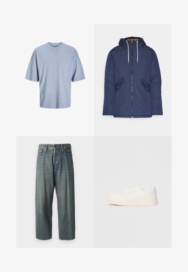 Sötétkék bélelt dzseki kapucnival, elülső cipzárral, két oldalsó zsebbel gombokkal és fehér húzózsinórokkal.; Világos kék, rövid ujjú póló, puha anyagból készült. Kerek nyakkivágással és laza szabással rendelkezik, varrott szegélyekkel. Egyszerű design, minták nélkül.; Világoskék farmernadrág, laza fazonnal, közepes derékbőséggel és egyenes szárral. Öt zsebet, övbucskát és gombos záródást tartalmaz.; Fehér slip-on sportcipők texturált felülettel, vastag talppal és minimalista dizájnnal. Az oldalon a márka logója található.