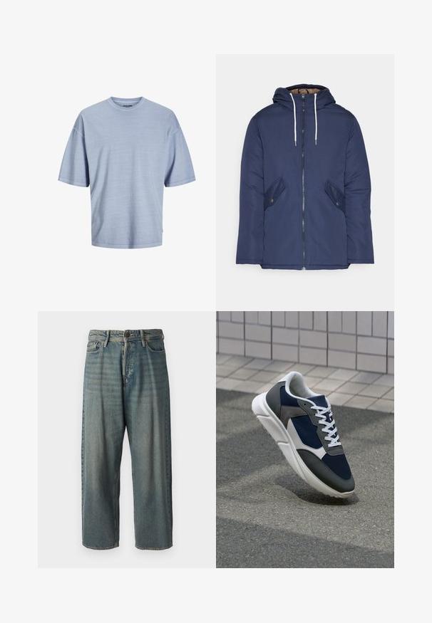 Mornarsko modra podložena jakna s kapuco, ki ima sprednji zadrgo, dva stranska žepa s gumbi in bele vrvice.; Svetlo modra kratka majica s kratkimi rokavi iz mehkega blaga. Ima okroglo ovratnico in sproščen kroj s prišitimi robovi. Preprost dizajn, brez vzorcev.; Svetlomoderne kavbojke z ohlapnim krojem, srednjim pasom in ravnimi nogami. Imajo pet žepov, zanke za pas in zapiranje na gumb.; Superge z zgornjim delom iz mrežaste tkanine v mornarsko modri barvi, sivi usnjeni poudarki, belo gumijasto podplato in ravnimi belimi vezalkami, zasnovane za udobje in zračnost.