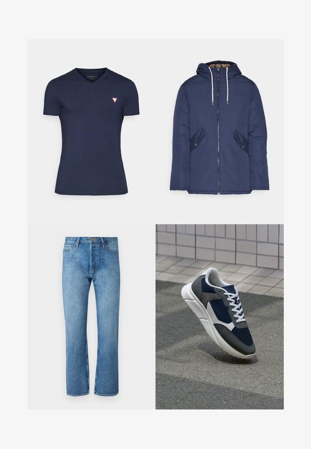Veste matelassée bleu marine avec capuche, dotée d'une fermeture éclair à l'avant, de deux poches latérales avec boutons et de cordons de serrage blancs.; T-shirt bleu marine à manches courtes en V en coton doux. Présente un petit logo triangulaire rouge sur le côté gauche de la poitrine. Texture lisse.; Jeans en denim bleu clair avec une coupe droite, présentant un design classique à cinq poches, une fermeture à bouton et des coutures contrastantes.; Baskets avec une tige en mesh bleu marine, des accents en suède gris, une semelle en caoutchouc blanc et des lacets plats blancs, conçues pour le confort et la respirabilité.