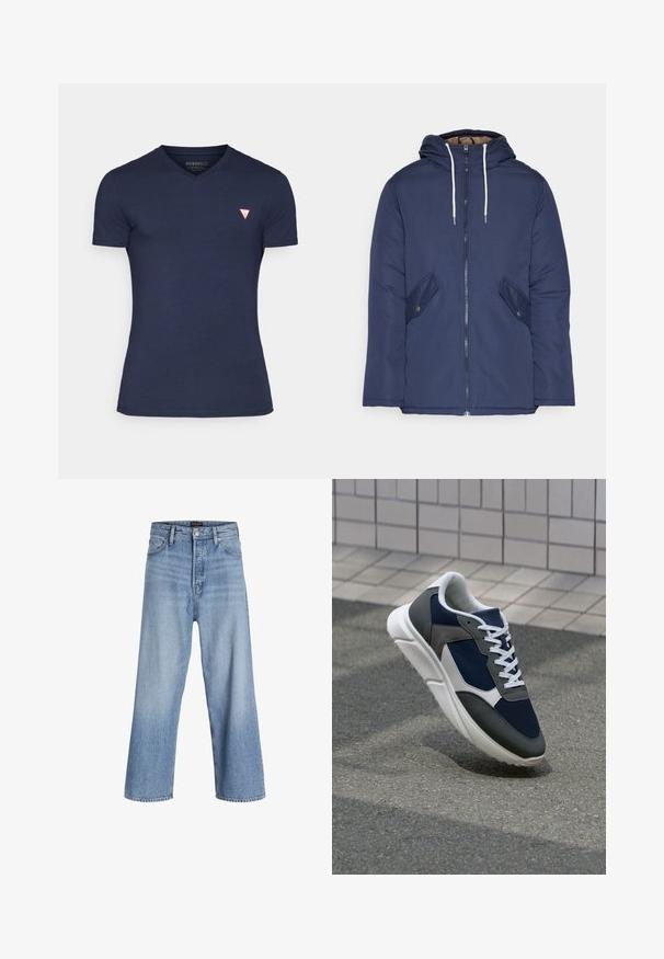 Veste matelassée bleu marine avec capuche, dotée d'une fermeture éclair à l'avant, de deux poches latérales avec boutons et de cordons de serrage blancs.; T-shirt bleu marine à manches courtes en V en coton doux. Présente un petit logo triangulaire rouge sur le côté gauche de la poitrine. Texture lisse.; Jean en denim bleu clair, taille haute, à jambes larges, avec une fermeture à boutons, un design à cinq poches et une légère décoloration. Finitions au bas net.; Baskets avec une tige en mesh bleu marine, des accents en suède gris, une semelle en caoutchouc blanc et des lacets plats blancs, conçues pour le confort et la respirabilité.