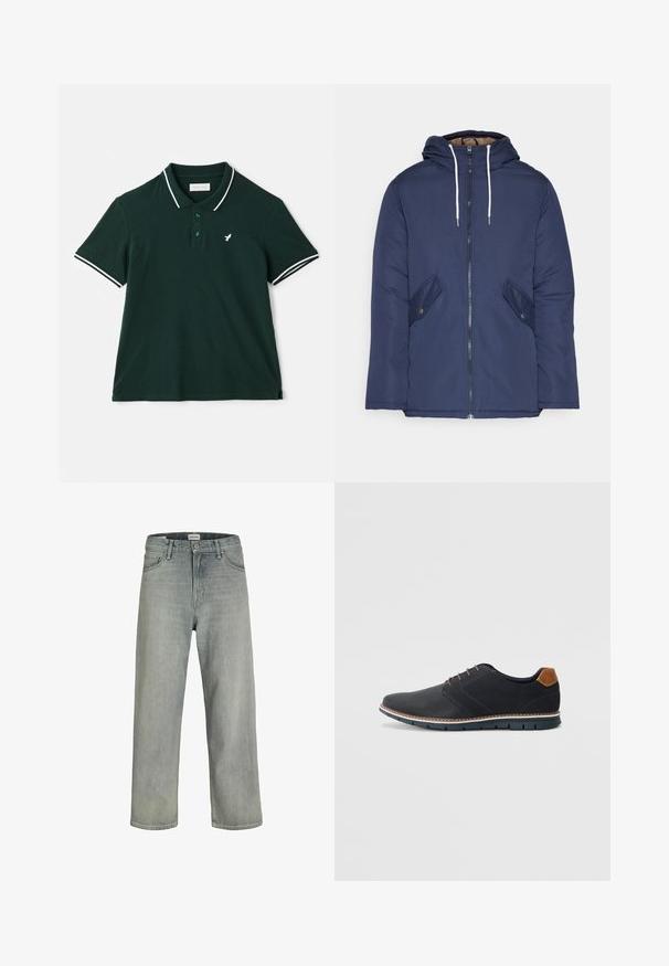Marineblauwe gewatteerde jas met een capuchon, voorzien van een rits aan de voorkant, twee zijzakken met knopen en witte trekkoorden.; Pier One Poloshirt - dark green; Lichtgrijze, loszittende spijkerbroeken van denim. Beschikt over een klassiek vijf-pocket ontwerp, riemlussen en een rechte pijp silhoët.; Zwarte synthetische schoenen met een gestructureerde bovenkant, gladde accenten, bruine hak en een contrasterende zool. Bevat minimale veters en stikdetails.