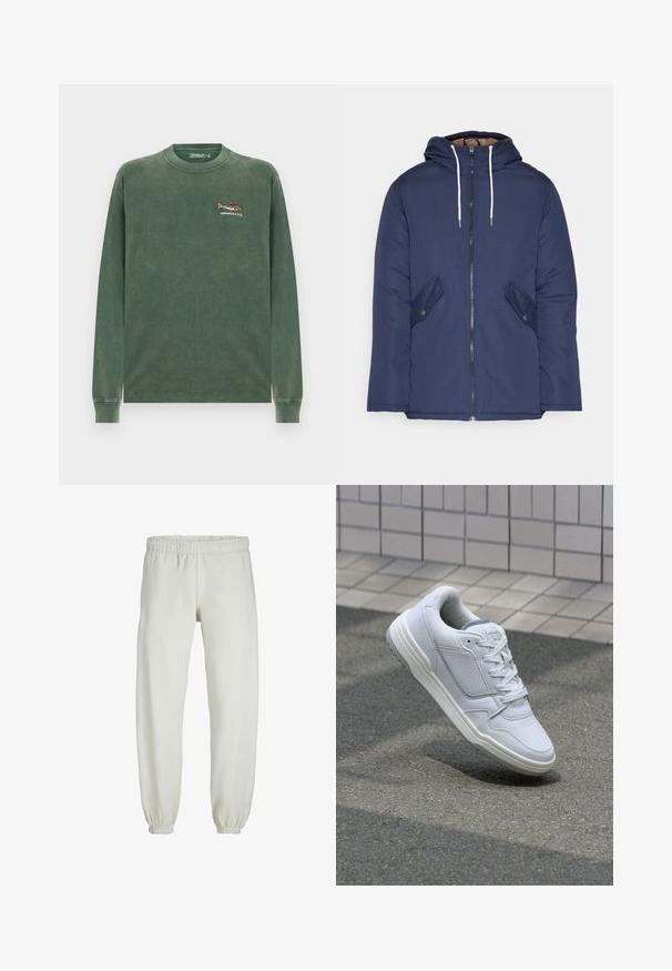 Navy plava podstava jakna s kapuljačom, koja ima prednji patentni zatvarač, dva bočna džepa s gumbima i bijele špage.; Zelena dukserica dugih rukava napravljena od mekog pamuka. Sadrži mali vezeni dizajn ribe na lijevoj strani prsnog područja. Klasični okrugli izrez.; Bijele trenirke napravljene od mekanog materijala, s elastikom u struku i na manžetama, glatke teksture i labavog kroja.; Bijele kožne tenisice s perforiranim bočnim dijelovima, teksturiranim akcentima, ravnim vezicama i kontrastnim sivim petom. Imaju blago povišenu potplat.