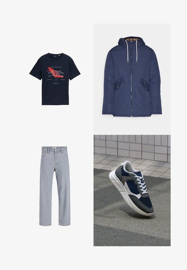 Laivasilkkinen vuorattu takki hupulla, jossa on etuvetoketju, kaksi nappikiinnityksellä varustettua sivutaskua ja valkoiset nyörit.; Laivasilkkinen puuvillapaita, jossa on pyöreä kaula-aukko, lyhyet hihat ja etupuolella tekstiä punaisilla yksityiskohdilla sekä ilmailuteemaisia suunnitteluyksityiskohtia.; Vaaleansiniset farkut rento istuvuus, suorat lahkeet, näkyvät saumat, kaksi etutaskua ja napitus.; Kengät, joissa on tummansininen verkkopäällinen, harmaat mokka-yksityiskohdat, valkoinen kumipohja ja litteät valkoiset nauhat, suunniteltu mukavuutta ja hengittävyyttä varten.