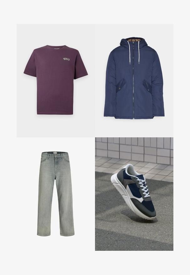 Navy blue padded jacket with a hood, featuring a front zipper, two side pockets with buttons, and white drawstrings.; Dark purple cotton t-shirt with short sleeves, round neckline, and a small 'Spell Bound' logo in white on the left chest.; Light gray, loose-fitting jeans made of denim. Features a classic five-pocket design, belt loops, and a straight leg silhouette.; Sneaker featuring a navy blue mesh upper, gray suede accents, white rubber sole, and flat white laces, designed for comfort and breathability.