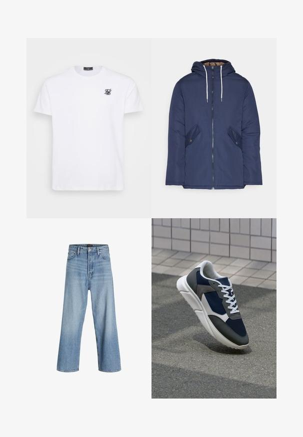 Marineblå polstret jakke med hette, med glidelås foran, to sidelommer med knapper og hvite snorer.; Hvit bomull t-skjorte med rund hals. Har en liten svart brodert logo på brystet. Korte ermer og rett passform.; Lys blå vide jeans laget av denim, med høy midje, klassisk fem-lomme design og knappelukking med glidelås.; Sneakers med en navy blå mesh-overdel, grå sømværk, hvit gummisåle og flate hvite snører, designet for komfort og pusteevne.