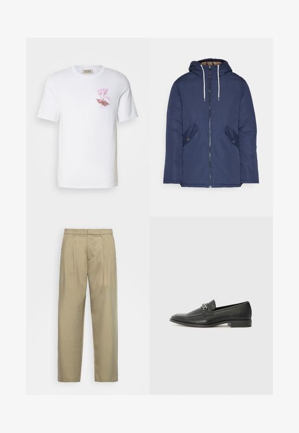 Marineblå polstret jakke med hette, med glidelås foran, to sidelommer med knapper og hvite snorer.; Hvit bomulls t-skjorte med et rosa blomstergrafikk og tekstdesign på venstre bryst. Korte ermer og klassisk crew neck stil.; Beige, høytlivs bukser med rett snitt, med flat front, sidelommer og et jevnt, strukturert stoff.; Sorte skinnloafers med en glatt finish, og med en sydd design og en dekorativ metallkjedeakcent over foten. Flat hæl.