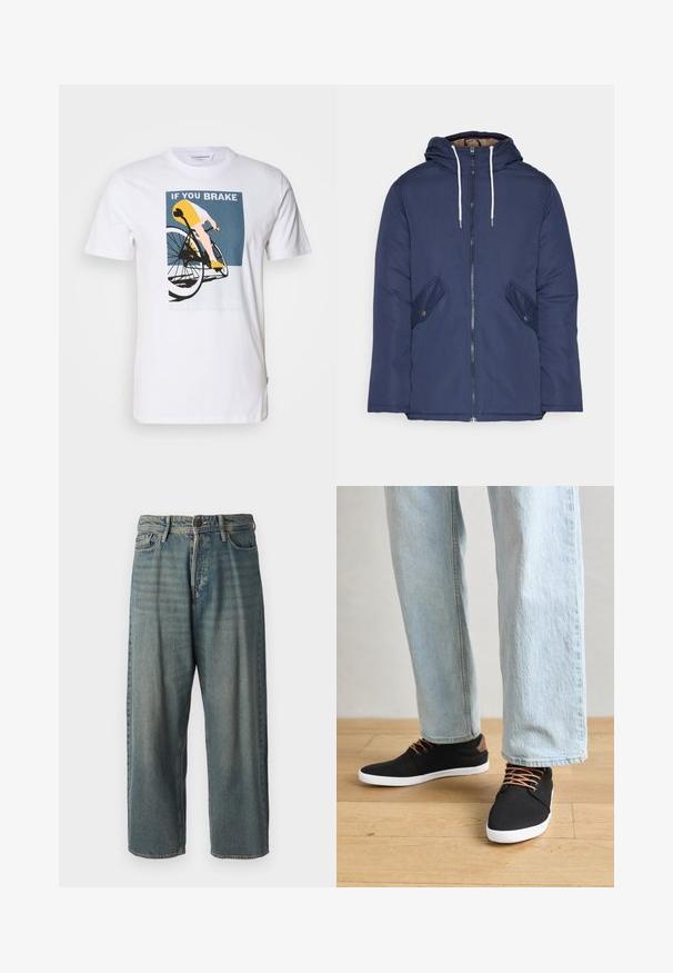 Jūrinė mėlyna pūkinė striukė su kapišonu, turinti priekinį užtrauktuką, dvi šonines kišenes su sagomis ir baltus raiščius.; Balta medvilninė marškinėlių su dviračiu grafika. Dizainą sudaro dviratininkas geltonai mėlynos spalvos su tekstu: "JEI STABDYSI, NELAIMĖSI."; Šviesiai mėlyni džinsai su laisvu siluetu, vidutinio aukščio juosmeniu ir tiesiomis kojomis. Su penkiais kišenėmis, diržo kilpo ir mygtukų uždarymu.; Juodi drobės sportbačiai su rudos spalvos akcentais, baltais gumos padu, rudi raišteliai, derinami su šviesiai mėlynomis tiesiomis džinsinėmis kelnėmis. Medinis grindų fonas.