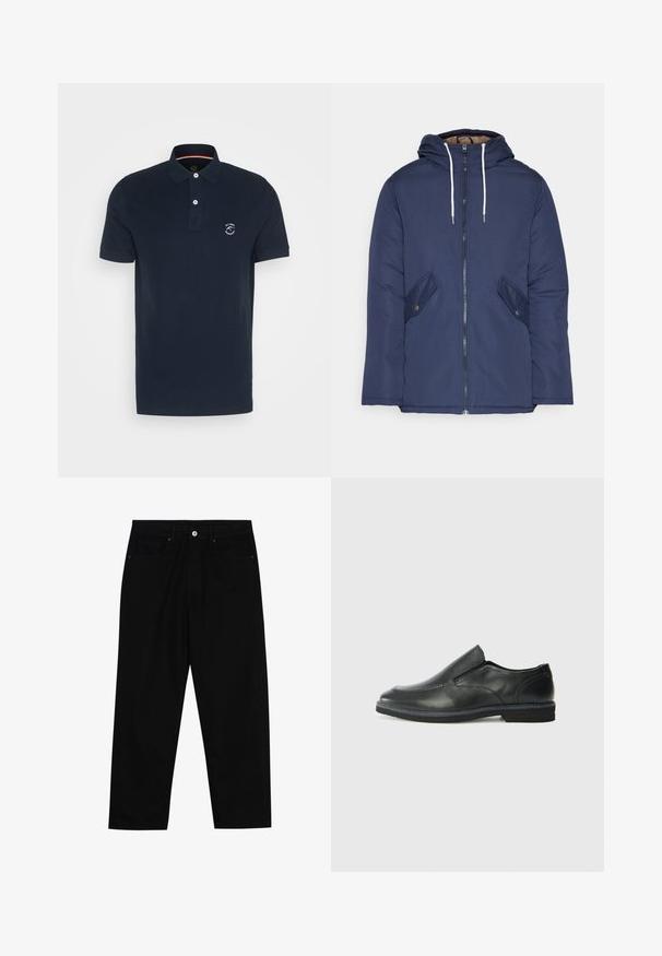 Marineblauwe gewatteerde jas met een capuchon, voorzien van een rits aan de voorkant, twee zijzakken met knopen en witte trekkoorden.; Donkerblauwe polo shirt van katoen met een twee-knopen sluiting, korte mouwen en een logo op de linkerborst. Glad textuur, klassieke pasvorm.; Zwarte denim broek met een recht gesneden pasvorm, vijf gebruikersvriendelijke zakken en een sluiting met een knoop aan de voorkant. Soepele textuur met minimale stikdetails.; Zwarte leren instapper met een soepele bovenkant, gestikte accenten, ronde neus en een lage rubberen hak. De zool heeft minimale profiel.