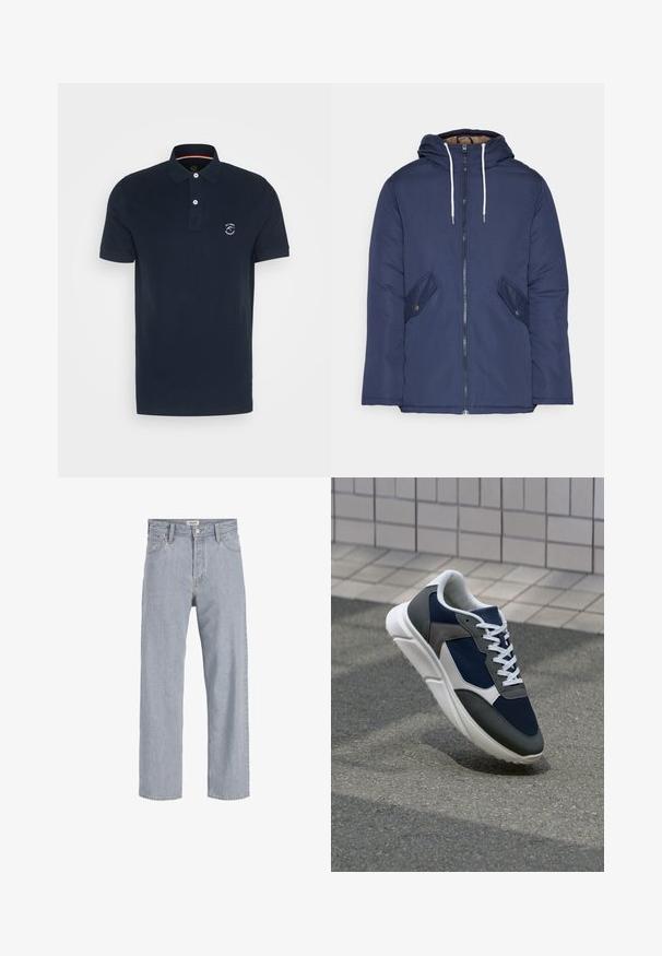 Mornarsko modra podložena jakna s kapuco, ki ima sprednji zadrgo, dva stranska žepa s gumbi in bele vrvice.; Temno modra polo majica iz bombaža z dvema gumboma, kratkimi rokavi in logotipom na levi strani prsnega koša. Gladka tekstura, klasičen kroj.; Svetlo modri kavbojki s sproščenim krojem, naravnost oblikovani nogi, vidnimi šivi, dvema sprednjima žepoma in gumbnim zapiranjem.; Superge z zgornjim delom iz mrežaste tkanine v mornarsko modri barvi, sivi usnjeni poudarki, belo gumijasto podplato in ravnimi belimi vezalkami, zasnovane za udobje in zračnost.
