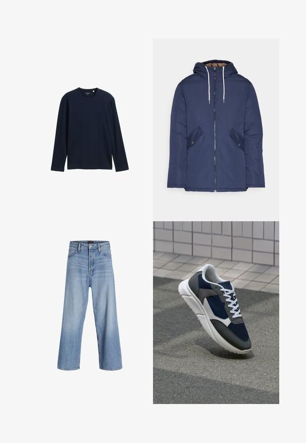 Granatowa pikowana kurtka z kapturem, z zamkiem z przodu, dwoma bocznymi kieszeniami z guzikami oraz białymi sznurkami.; Granatowa koszulka z długim rękawem, wykonana z miękkiej bawełny, z okrągłym dekoltem i luźnym krojem, bez widocznych wzorów czy akcentów.; Jasnoniebieskie dżinsy typu wide-leg z wysokim stanem, z zapięciem na guziki, pięcioma kieszeniami i subtelnym wyblaknięciem. Czyste wykończenie dołu.; Sneakers z granatową siateczkową cholewką, szarymi zamszowymi akcentami, białą gumową podeszwą i płaskimi białymi sznurówkami, zaprojektowane z myślą o komforcie i wentylacji.