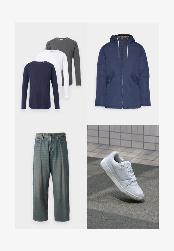 Marineblå polstret jakke med hette, med glidelås foran, to sidelommer med knapper og hvite snorer.; Tre langermede t-skjorter i marineblå, hvit og grå. Laget av bomull, med rund hals og rette nederkanter.; Lyseblå denimjeans med løs passform, midjehøyde og rette ben. Har fem lommer, beltehemper og knappelukking.; Hvite lær sneakers med perforerte sider, teksturerte detaljer, flate lisser og en kontrasterende grå hæl. Har en lite hevet såle.