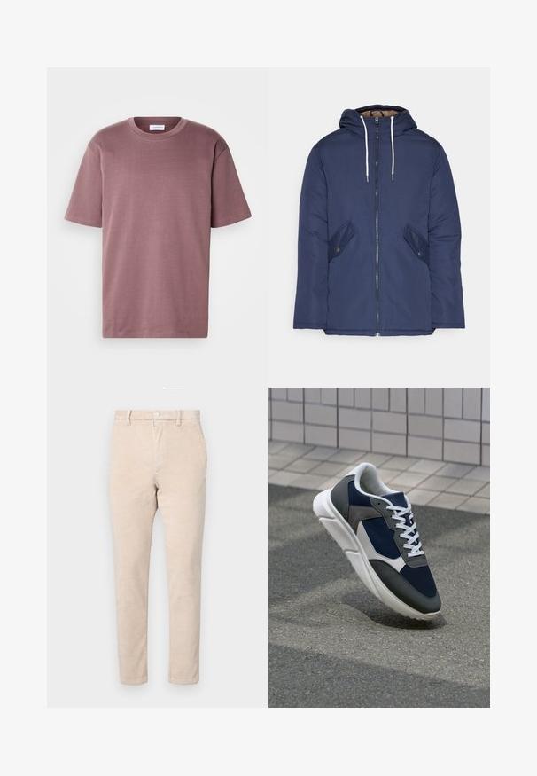 Sötétkék bélelt dzseki kapucnival, elülső cipzárral, két oldalsó zsebbel gombokkal és fehér húzózsinórokkal.; Rövid ujjú, mályva színű póló, puha pamutból készült. Kerek nyakkivágással és laza fazonnal rendelkezik. Sima textúra, minimális részletezéssel.; Bézs cordúrpant, egyenes szárú szabással, gombos záródással, övhurkokkal és finom bordázott textúrával.; Cipő, amelynek sötétkék hálós felsőrésze, szürke velúr díszítései, fehér gumitalpa és lapos fehér fűzője van, a kényelem és a légáteresztő képesség érdekében tervezve.