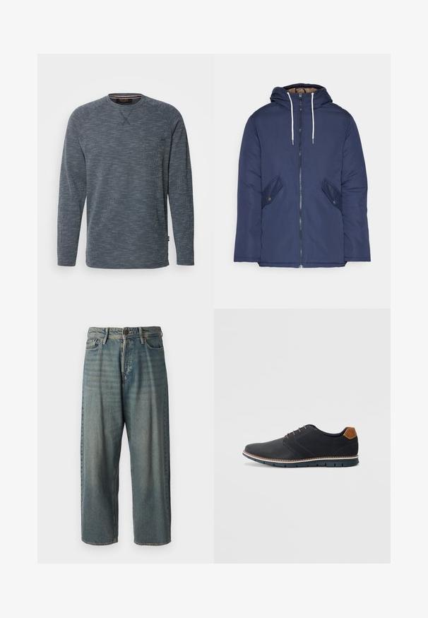 Marineblå polstret jakke med hette, med glidelås foran, to sidelommer med knapper og hvite snorer.; INDICODE JEANS Topper langermet - navy; Lyseblå denimjeans med løs passform, midjehøyde og rette ben. Har fem lommer, beltehemper og knappelukking.; Sorte syntetiske sko med en teksturert overdel, glatte detaljer, brun hæl og en kontrastfarge på sålen. Har minimalt snøring og sømdetaljer.