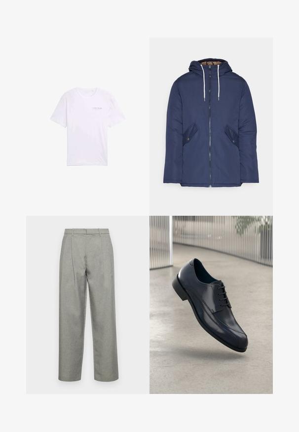 Chaqueta acolchada de color azul marino con capucha, cuenta con un cierre frontal de cremallera, dos bolsillos laterales con botones y cordones blancos.; Camiseta blanca de algodón con mangas cortas, cuello redondo y un pequeño logo impreso en la parte izquierda del pecho. Textura suave, diseño casual.; Pantalones gris ajustados hechos de tela texturizada, con un diseño de pierna recta, pliegues frontales y una cinturilla estándar con lazos para cinturón.; Zapato de vestir de cuero negro brillante con cordones, flotando sobre un suelo liso de color gris claro y con barras metálicas verticales en el fondo.