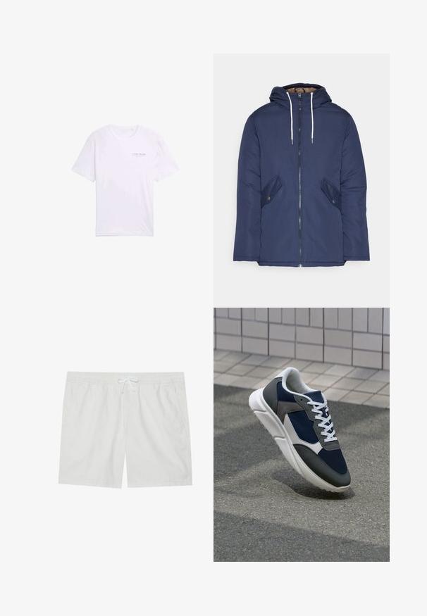 Jūrinė mėlyna pūkinė striukė su kapišonu, turinti priekinį užtrauktuką, dvi šonines kišenes su sagomis ir baltus raiščius.; Balta medvilninė marškinė su trumpomis rankovėmis, apvaliu kaklu ir mažu spausdintu logotipu kairėje krūtinės pusėje. Lygi tekstūra, laisvalaikio dizainas.; Balti medvilniniai šortai su elastinga juostos juosta ir raišteliu, turi dvi šonines kišenes ir švarias linijas, siūlantys paprastą dizainą.; Sportiniai bateliai su tamsiai mėlynu tinkliniu viršumi, pilkais zomšiniais akcentais, balta guma padanga ir plokščiomis baltomis raištelėmis, sukurti komfortui ir oro pralaidumui.