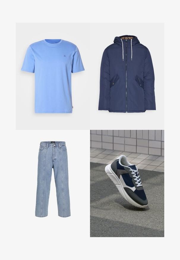 Sötétkék bélelt dzseki kapucnival, elülső cipzárral, két oldalsó zsebbel gombokkal és fehér húzózsinórokkal.; Világoskék pamut póló kerek nyakkal és rövid ujjal. Kicsi hímzett logó található a mellkason, valamint egy oldalcímke.; Világoskék farmernadrág laza fitte, széles szárakkal és látható varrási részletekkel. Gombos és cipzáras záródással, öt zsebével rendelkezik.; Cipő, amelynek sötétkék hálós felsőrésze, szürke velúr díszítései, fehér gumitalpa és lapos fehér fűzője van, a kényelem és a légáteresztő képesség érdekében tervezve.