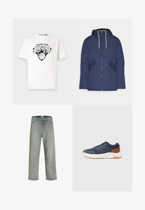 Giacca imbottita blu navy con cappuccio, dotata di zip frontale, due tasche laterali con bottoni e lacci bianchi.; T-shirt bianco in cotone con stampa grafica nera recante la scritta "HOMETOWN HERO", fiamme e un design di pallone da basket centrato sul davanti.; Jeans grigi chiaro, con vestibilità comoda, realizzati in denim. Presentano un classico design a cinque tasche, passanti per cintura e una silhouette a gamba dritta.; Scarpe da ginnastica blu navy con accentuazione del tacco marrone, tomaia in rete testurizzata, collo imbottito e suola in gomma bianca con battistrada a motivo.