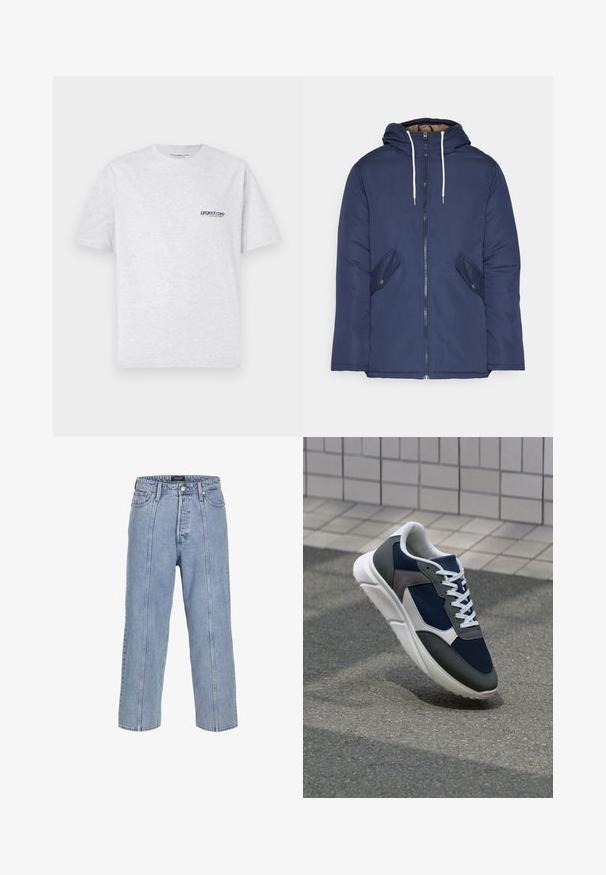 Granatowa pikowana kurtka z kapturem, z zamkiem z przodu, dwoma bocznymi kieszeniami z guzikami oraz białymi sznurkami.; Szara koszulka z krótkim rękawem z małym niebieskim logo "project core" po lewej stronie klatki piersiowej, wyeksponowana na jednolitym tle.; Jasnoniebieskie dżinsy o luźnym kroju, szerokich nogawkach i widocznych detalach szwów. Posiadają zapięcie na guzik i zamek błyskawiczny oraz pięć kieszeni.; Sneakers z granatową siateczkową cholewką, szarymi zamszowymi akcentami, białą gumową podeszwą i płaskimi białymi sznurówkami, zaprojektowane z myślą o komforcie i wentylacji.