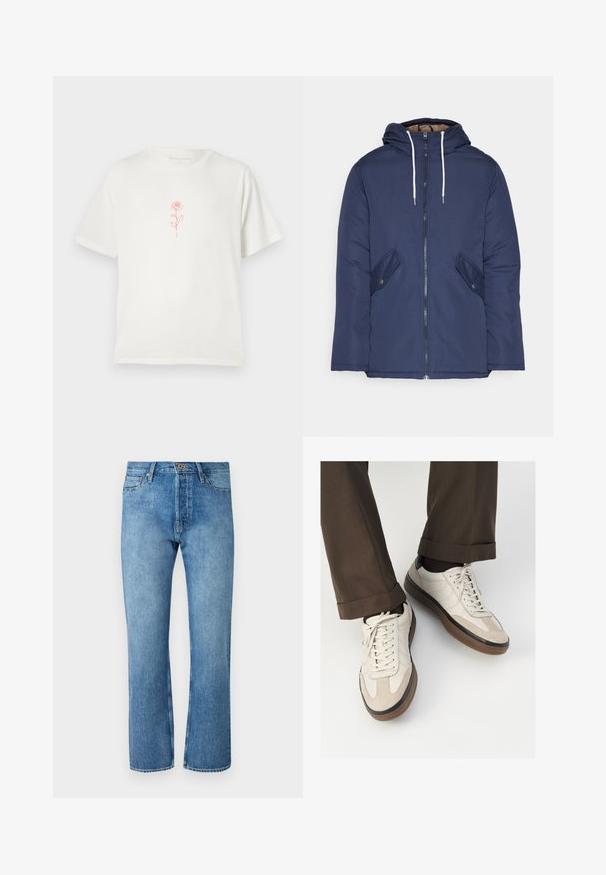 Navy blue padded jacket with a hood, featuring a front zipper, two side pockets with buttons, and white drawstrings.; Cream-colored t-shirt featuring a simple red rose graphic in the center, set against a plain white background.; Light blue denim jeans with a straight-leg cut, featuring a classic five-pocket design, a button closure, and contrasting stitching.; Beige sneakers with a textured suede front, smooth leather sides, and a brown rubber sole. Laces and light stitching detail included.