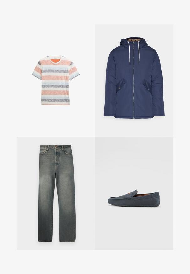 Navy plava podstava jakna s kapuljačom, koja ima prednji patentni zatvarač, dva bočna džepa s gumbima i bijele špage.; Prugasta majica od pamuka s širokim horizontalnim prugama u narančastoj, plavoj, sivoj i bijeloj boji, okruglog vrata i kratkim rukavima.; Jack & Jones JJIALEX JJCOOPER - Vrećaste traperice - black denim; Sivi perforirani mokasini s dizajnom za jednostavno obuvanje, s narančastim akcentom, zaobljenim prstom i teksturiranim gumenim potplatom.