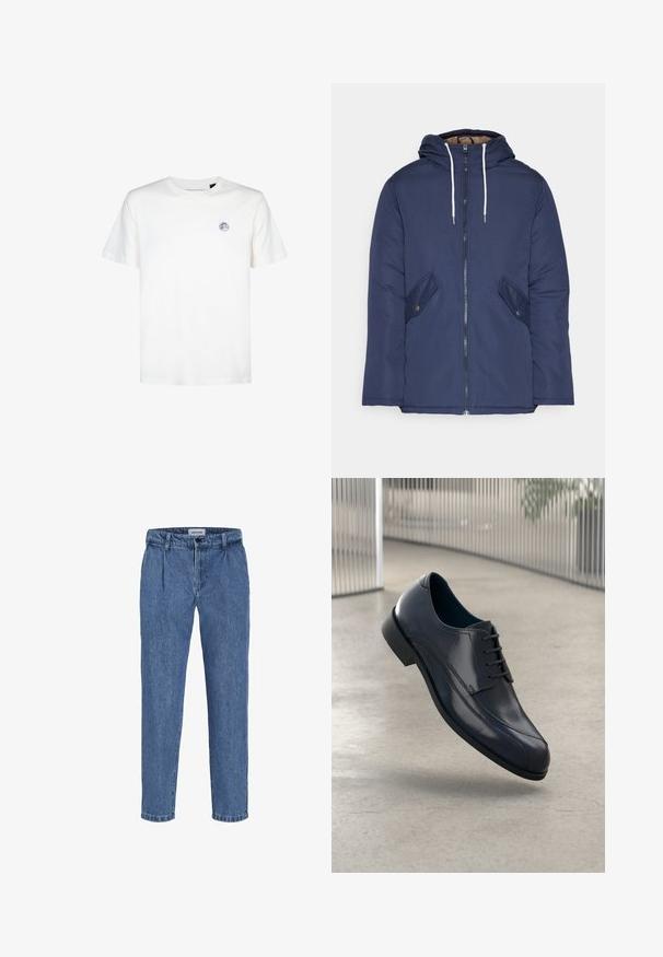 Námorně modrá prošívaná bunda s kapucí, která má přední zip, dvě boční kapsy s knoflíky a bílé šňůrky.; Bílý bavlněný tričko s kulatým výstřihem a krátkými rukávy. Obsahuje malé kulaté logo na horní levé části hrudi.; Světle modré džíny s volným střihem, s vysokým pasem, dvěma předními plisovanými částmi a ohrnutým lemem. Jednoduché zapínání na knoflík a zip.; Lesklá černá kožená společenská obuv s tkaničkami, plovoucí nad hladkým, světle šedým podlahovým povrchem a s vertikálními kovovými pruty v pozadí.