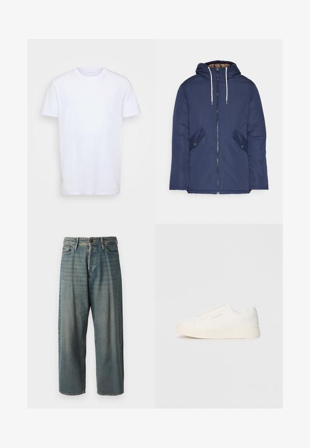 Navy blue padded jacket with a hood, featuring a front zipper, two side pockets with buttons, and white drawstrings.; White cotton t-shirt with short sleeves, round neckline, and a straight cut. Smooth texture, no patterns or accents.; Light blue denim jeans with a loose fit, mid-rise waist, and straight legs. Features five pockets, belt loops, and a button closure.; White slip-on sneakers with a textured surface, a thick sole, and minimalistic design. Features brand logo on the side.