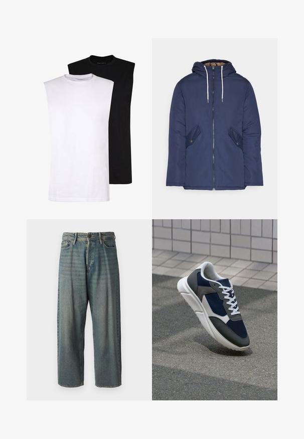 Jūrinė mėlyna pūkinė striukė su kapišonu, turinti priekinį užtrauktuką, dvi šonines kišenes su sagomis ir baltus raiščius.; Baltos ir juodos be rankovių medvilninės marškinėliai su apvaliu iškirpimu, lygia tekstūra ir minimalistiniu dizainu. Tinka įvairioms kasdienėms situacijoms.; Šviesiai mėlyni džinsai su laisvu siluetu, vidutinio aukščio juosmeniu ir tiesiomis kojomis. Su penkiais kišenėmis, diržo kilpo ir mygtukų uždarymu.; Sportiniai bateliai su tamsiai mėlynu tinkliniu viršumi, pilkais zomšiniais akcentais, balta guma padanga ir plokščiomis baltomis raištelėmis, sukurti komfortui ir oro pralaidumui.