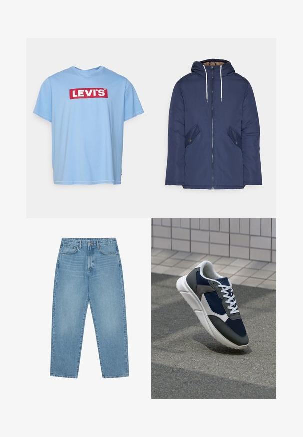 Casaco acolchoado azul-marinho com capuz, apresentando um fecho frontal com zíper, dois bolsos laterais com botões e cordões brancos.; Levi's® Plus BIG SS - T-shirt estampada - della robia; Jeans de ganga de perna larga em azul-claro com cintura alta, apresentando cinco bolsos, passadores para cinto e uma textura suave, ligeiramente desbotada.; Sapatilha com parte superior em malha azul-marinho, detalhes em camurça cinza, sola de borracha branca e atacadores brancos planos, projetada para conforto e respirabilidade.