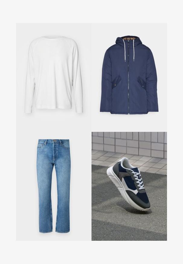 Tumesinine vahtkatseline jakk, millel on kapuuts, esilukk, kaks küljetaskut nupuga ja valged tõmblukud.; GAP WAFFLE CREW - Pikkade varrukatega topp - new off white; Heledad sinised teksad sirge lõikega, klassikalise viie tasku disainiga, nööpnõelaga kinnitamine ja kontrastsete õmblustega.; Sneaker, mille sinine võrkkangas, hallid nubukdetailid, valge kummitald ja lamedad valged paelad, disainitud mugavuseks ja hingavuseks.