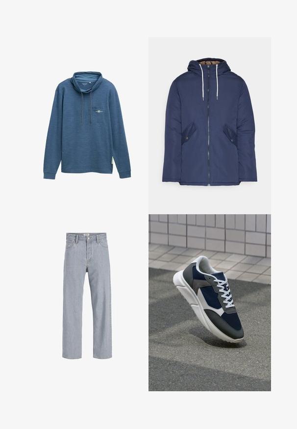 Granatowa pikowana kurtka z kapturem, z zamkiem z przodu, dwoma bocznymi kieszeniami z guzikami oraz białymi sznurkami.; Niebieska koszula z długim rękawem i kapturem, z kieszenią na piersi, detalem w postaci sznurka oraz teksturowanym materiałem. Naszywka z logo w pobliżu kieszeni.; Jasnoniebieskie dżinsy o luźnym kroju, prostych nogawkach, widocznym szwie, dwóch przednich kieszeniach i zapięciu na guzik.; Sneakers z granatową siateczkową cholewką, szarymi zamszowymi akcentami, białą gumową podeszwą i płaskimi białymi sznurówkami, zaprojektowane z myślą o komforcie i wentylacji.