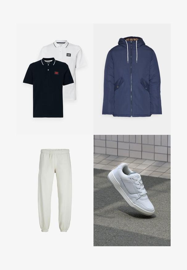 Tumesinine vahtkatseline jakk, millel on kapuuts, esilukk, kaks küljetaskut nupuga ja valged tõmblukud.; Kaks lühikeste varrukatega polo särki navy ja valge värviga, klassikalise krae ning vastandlike triibuliste detailidega krael.; Valged trennipüksid, mis on valmistatud pehmest kangast, elastse vöökoha ja mansettidega, sileda tekstuuri ja lõdva lõikega.; Valge nahkne toss, millel on perforeeritud külgedega, tekstuuriga aktsendid, lame pael ja kontrastne hall konts. Omab veidi tõstetud tallat.