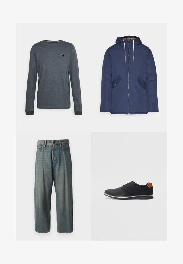 Casaco acolchoado azul-marinho com capuz, apresentando um fecho frontal com zíper, dois bolsos laterais com botões e cordões brancos.; Petrol Industries Camisola de manga comprida - midnight navy; Jeans de ganga azul claro com um corte solto, cintura média e pernas retas. Apresenta cinco bolsos, passadores de cinto e fecho com botão.; Sapatos sintéticos pretos com um upper texturizado, pormenores lisos, salto castanho e uma sola contrastante. Apresentam um sistema de atacadores mínimo e detalhes de costura.