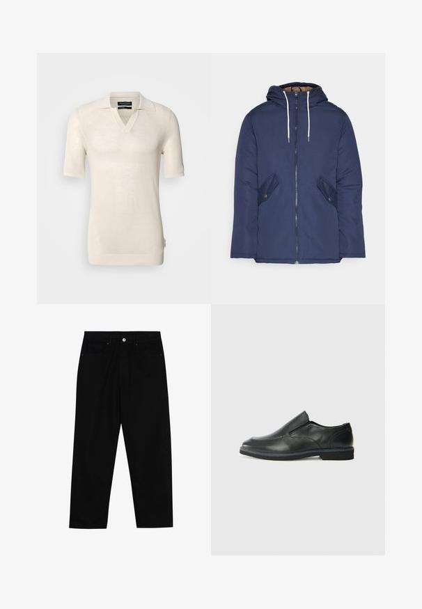 Marineblauwe gewatteerde jas met een capuchon, voorzien van een rits aan de voorkant, twee zijzakken met knopen en witte trekkoorden.; Lichtbeige korte mouwen trui met een V-hals en platte kraag. Gemaakt van gestructureerde brei-stof, met een subtiel patroon en zijlabel.; Zwarte denim broek met een recht gesneden pasvorm, vijf gebruikersvriendelijke zakken en een sluiting met een knoop aan de voorkant. Soepele textuur met minimale stikdetails.; Zwarte leren instapper met een soepele bovenkant, gestikte accenten, ronde neus en een lage rubberen hak. De zool heeft minimale profiel.