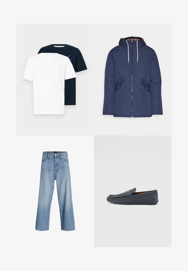Jūras zila pufīgā jaka ar kapuci, kas aprīkota ar priekšējo rāvējslēdzēju, divām sānu kabatām ar pogām un baltiem aukliņām.; Divi apģērba T-krekli ar kuplām apkaklēm: viens balts ar gaišu tekstu, otrs tumši zils ar grafisku apdruku. Abi ir īsām piedurknēm un izgatavoti no mīkstas auduma.; Gaiši zili plaša kāju džinsi, kas izgatavoti no denima, ar augstu jostasvietu, klasisku piecu kabatu dizainu un pogu aizdari ar rāvējslēdzēju.; Pelēki perforēti loafers ar iebūvētu dizainu, kas izceļas ar oranžu akcentu, noapaļotu purngalu un teksturētu gumijas zoli.