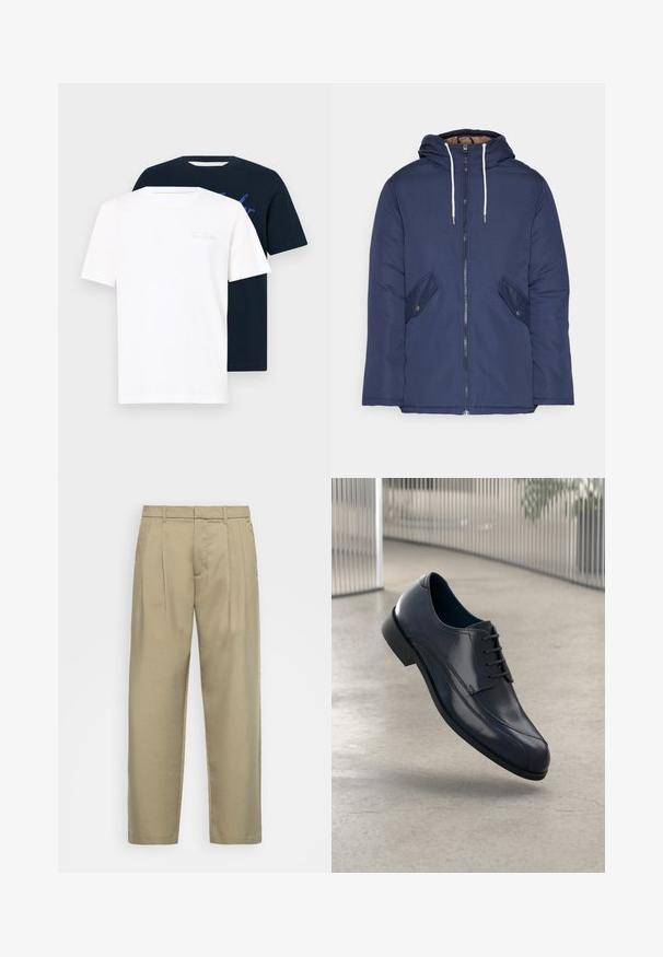 Jūras zila pufīgā jaka ar kapuci, kas aprīkota ar priekšējo rāvējslēdzēju, divām sānu kabatām ar pogām un baltiem aukliņām.; Divi apģērba T-krekli ar kuplām apkaklēm: viens balts ar gaišu tekstu, otrs tumši zils ar grafisku apdruku. Abi ir īsām piedurknēm un izgatavoti no mīkstas auduma.; Bēša, augstās jostas bikses ar taisnu piegriezumu, ar plakanu priekšpusi, sānu kabatām un gludu, teksturētu audumu.; Spīdīga melna ādas svinīgā kurpe ar auklēm, kas karājas virs gludas, gaiši pelēkas grīdas un vertikālām metaliskām stangām fona.