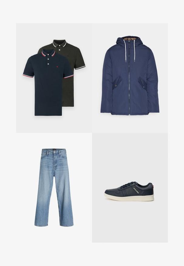 Mornarsko modra podložena jakna s kapuco, ki ima sprednji zadrgo, dva stranska žepa s gumbi in bele vrvice.; Dve polo majice: ena mornarsko modra z rdečim in belim črtastim ovratnikom; ena temno zelena z enojenim ovratnikom. Obe imata tri gumbe in kratke rokave.; Svijetloplave traperice širokih nogavica od denima, s visokim strukom, klasičnim dizajnom s pet džepova te kopčanjem na gumbe s patentnim zatvaračem.; Mornarski športni čevlji s teksturirano usnje in belo podlago. Opremljeni so z vezalkami in logotipom na strani. Nevtralna podlaga poudarja obliko.