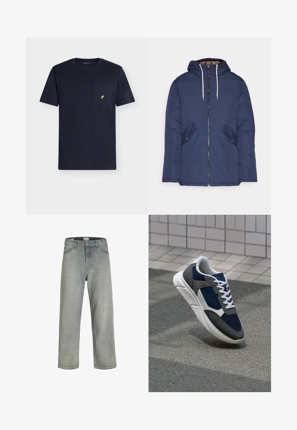 Laivasilkkinen vuorattu takki hupulla, jossa on etuvetoketju, kaksi nappikiinnityksellä varustettua sivutaskua ja valkoiset nyörit.; Laivastonsininen puuvillainen T-paita pyöreällä pääntiellä, lyhyillä hihoilla ja rintataskulla, jossa on pieni keltainen lintulogo.; Vaaleanharmaat, löysät farkut, jotka on valmistettu denimistä. Ominaisuuksiin kuuluu klassinen viiden taskun muotoilu, vyölenkit ja suora lahjetyyli.; Kengät, joissa on tummansininen verkkopäällinen, harmaat mokka-yksityiskohdat, valkoinen kumipohja ja litteät valkoiset nauhat, suunniteltu mukavuutta ja hengittävyyttä varten.