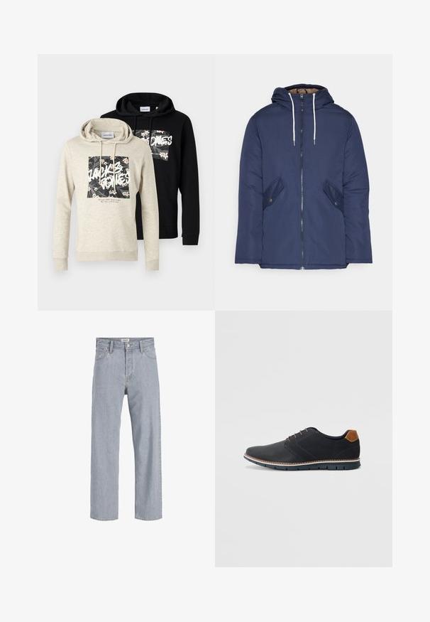 Marineblau gepadded Jacke mit Kapuze, ausgestattet mit einem Reißverschluss vorne, zwei seitlichen Taschen mit Knöpfen und weißen Kordeln.; Zwei Hoodies: einer in Hellgrau mit einem floralen Grafikdesign und Text, und einer in einfarbig Schwarz. Beide haben Kängurutaschen und eine verstellbare Kapuze.; Helle blaue Jeans aus Denim mit lockerer Passform, geradem Bein, sichtbaren Nähten, zwei vorderen Taschen und einem Knopfverschluss.; Schwarze synthetische Schuhe mit einer strukturierten Oberseite, glatten Akzenten, braunem Absatz und einer kontrastierenden Sohle. Verfügt über minimale Schnürung und Nähdetails.