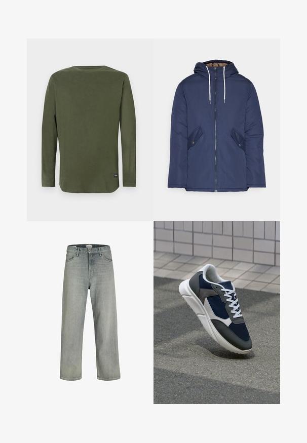 Navy plava podstava jakna s kapuljačom, koja ima prednji patentni zatvarač, dva bočna džepa s gumbima i bijele špage.; Majica dugih rukava, maslinasto zelena, s okruglim izrezom i malom crnom etiketom blizu donjeg ruba na bijeloj pozadini.; Svijetlosive, široke traperice napravljene od denima. Imaju klasičan dizajn s pet džepova, petlje za remen i ravni kroj nogavica.; Tenisice s gornjim dijelom od mrežastog materijala tamnoplave boje, siva antilopova naglašavanja, bijela gumena potplat i ravne bijele vezice, dizajnirane za udobnost i prozračnost.