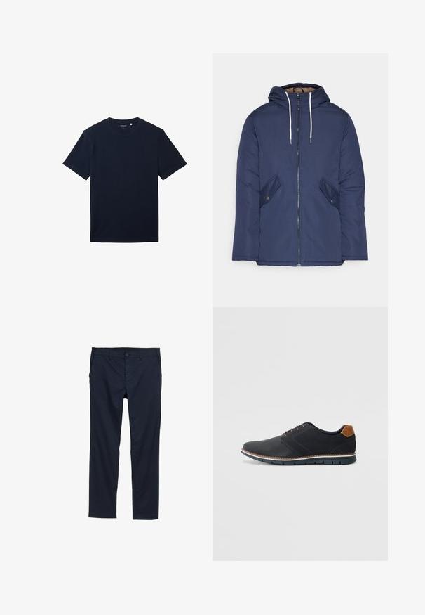 Jūras zila pufīgā jaka ar kapuci, kas aprīkota ar priekšējo rāvējslēdzēju, divām sānu kabatām ar pogām un baltiem aukliņām.; Jūras zila kokvilnas T-krekls ar īsām piedurknēm, klasisku apļa kakla izgriezumu un gludu tekstūru. Vienkāršs dizains, bez rakstiem vai redzamām akcentiem.; Jūras zila viegla auduma bikses ar gludu tekstūru, taisna kāju dizainu, pogu aizdari un sānu kabatām.; Melni sintētiskie apavi ar struktūru augšdaļā, gludu akcentu, brūnu papēdi un kontrastējošu zoli. Iezīmē minimālu šņorēšanu un šuvju detaļas.