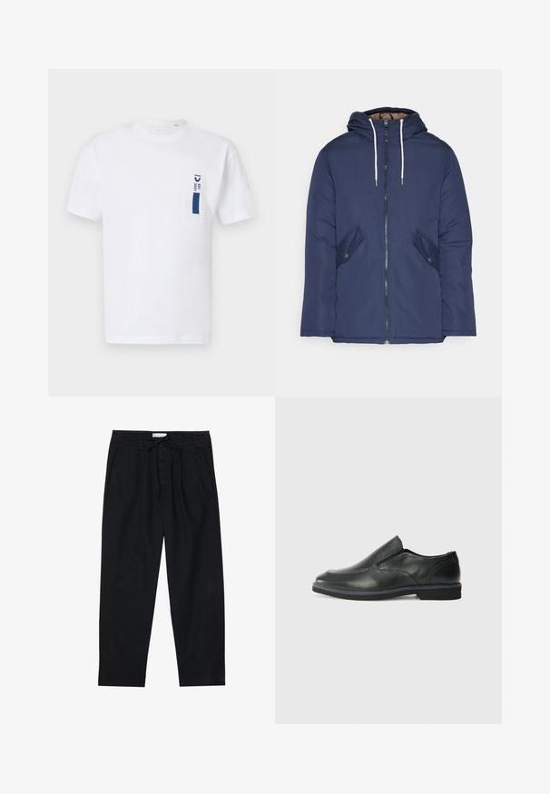 Jachetă căptușită bleu marin cu glugă, având un fermoar frontal, două buzunare laterale cu nasturi și șnururi albe.; Tricou alb din bumbac cu mâneci scurte, având o grafică albastru închis pe pieptul stâng, care include textul "EST 2007". Design simplu.; Pier One Pantaloni chino - black; Pantof de piele neagră, tip slip-on, cu un superior neted, accente cusute, vârf rotunjit și un toc jos din cauciuc. Talpa are un profil minim de aderență.