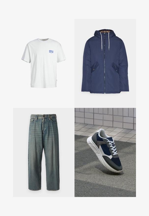 Tumesinine vahtkatseline jakk, millel on kapuuts, esilukk, kaks küljetaskut nupuga ja valged tõmblukud.; Valge puuvillane T-särk mugava lõikega, mille vasakul rinnal on sinine tekst "ORIGINALS SINCE 1990" ja küljes kudumislabel.; Heledad sinine denim-stiilis teksad, volüümse lõike, keskmise kõrgusega talje ja sirgete säärega. Omab viit taskut, vöökumme ja nööpide sulgemist.; Sneaker, mille sinine võrkkangas, hallid nubukdetailid, valge kummitald ja lamedad valged paelad, disainitud mugavuseks ja hingavuseks.