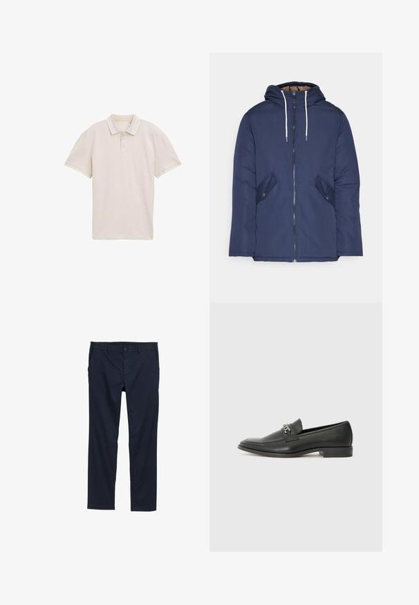 Tumesinine vahtkatseline jakk, millel on kapuuts, esilukk, kaks küljetaskut nupuga ja valged tõmblukud.; Beež polo-särk lühikeste varrukatega, kolme nööbiga värvel ning kontrastsete pastelltriipudega kaeluses ja varruka servades. Kerge kangas.; Tumed sinine kerged püksid, millel on sile tekstuur, sirge sääre disain, nööbiga sulgemine ja küljetaskud.; Must haveate nahkking punased, millel on sile viimistlus, tikitud muster ja dekoratiivne metallkett vampi üle. Tasane konts.