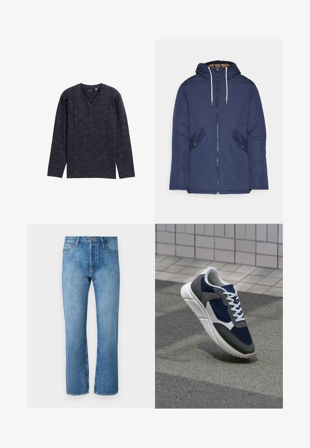 Jūrinė mėlyna pūkinė striukė su kapišonu, turinti priekinį užtrauktuką, dvi šonines kišenes su sagomis ir baltus raiščius.; Tamsiai mėlynas ilgarankovis henley marškinėlis su tekstūruota raštą, su V formos kaklu ir trimis sagomis. Minkšta medžiaga.; Šviesiai mėlynos džinsinės kelnės su tiesiu kirpimu, turinčios klasiką penkių kišenių dizainą, sagos uždarymą ir kontrastinę siūlę.; Sportiniai bateliai su tamsiai mėlynu tinkliniu viršumi, pilkais zomšiniais akcentais, balta guma padanga ir plokščiomis baltomis raištelėmis, sukurti komfortui ir oro pralaidumui.