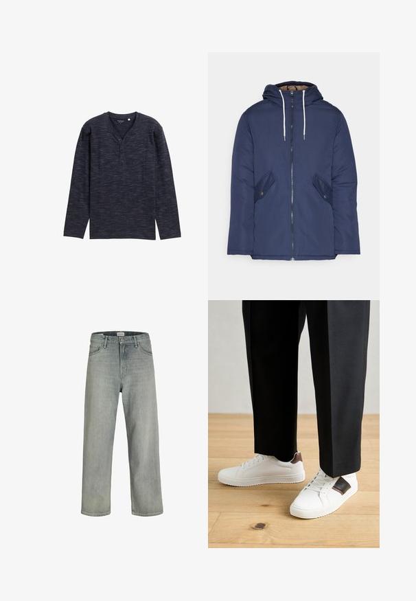 Laivasilkkinen vuorattu takki hupulla, jossa on etuvetoketju, kaksi nappikiinnityksellä varustettua sivutaskua ja valkoiset nyörit.; Tummansininen pitkähihainen henley-paita, jossa on teksturoitu kuvio, V-pääntie ja kolmonen napitus. Pehmeä kangas.; Vaaleanharmaat, löysät farkut, jotka on valmistettu denimistä. Ominaisuuksiin kuuluu klassinen viiden taskun muotoilu, vyölenkit ja suora lahjetyyli.; Valkoiset tennarit, joissa on sileä pinta, ruskealla nahka-akentilla ja mustilla yksityiskohdilla, yhdistetty mustiin räätälöityihin housuihin. Taustalla puulattia.