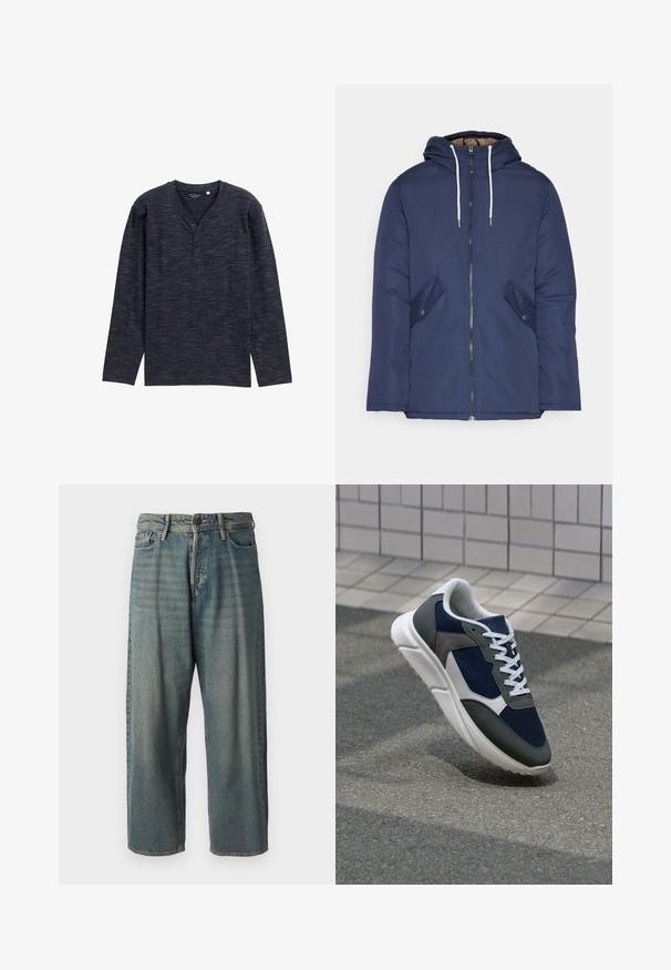 Marineblau gepadded Jacke mit Kapuze, ausgestattet mit einem Reißverschluss vorne, zwei seitlichen Taschen mit Knöpfen und weißen Kordeln.; Langärmliges, dunkelblaues Henley-Shirt mit strukturiertem Muster, V-Ausschnitt und Knopfleiste mit drei Knöpfen. Weicher Stoff.; Helle blaue Denim-Jeans mit lockerer Passform, mittelhoher Taille und geraden Beinen. Hat fünf Taschen, Gürtelschlaufen und einen Knopfverschluss.; Sneaker mit einem Obermaterial aus navyblauem Mesh, grauen Wildlederelementen, einer weißen Gummisohle und flachen weißen Schnürsenkeln, entworfen für Komfort und Atmungsaktivität.