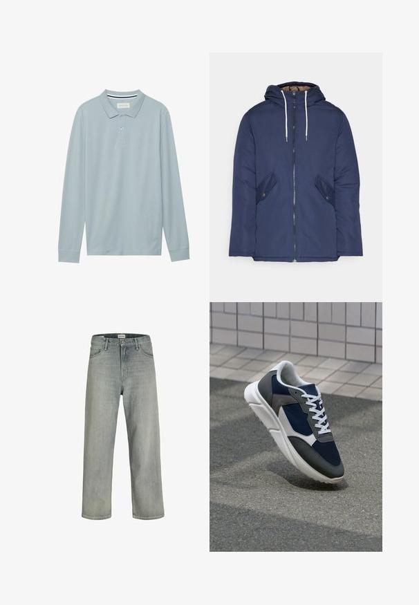 Marineblau gepadded Jacke mit Kapuze, ausgestattet mit einem Reißverschluss vorne, zwei seitlichen Taschen mit Knöpfen und weißen Kordeln.; Langärmliges Poloshirt in Hellblau mit einem flachen Kragen, Knopfleiste mit drei Knöpfen und einem subtil strukturierten Stoff. Mit gestreiftem Innenkragen.; Hellgraue, locker sitzende Jeans aus Denim. Verfügt über ein klassisches Fünf-Taschen-Design, Gürtelschlaufen und eine gerade Bein-Silhouette.; Sneaker mit einem Obermaterial aus navyblauem Mesh, grauen Wildlederelementen, einer weißen Gummisohle und flachen weißen Schnürsenkeln, entworfen für Komfort und Atmungsaktivität.