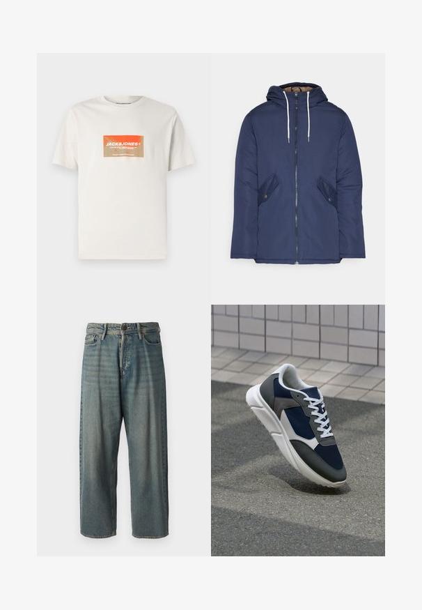 Casaco acolchoado azul-marinho com capuz, apresentando um fecho frontal com zíper, dois bolsos laterais com botões e cordões brancos.; T-shirt de algodão em bege claro com um gráfico retangular laranja e creme com o texto "JACK&JONES". Mangas curtas, decote redondo.; Jeans de ganga azul claro com um corte solto, cintura média e pernas retas. Apresenta cinco bolsos, passadores de cinto e fecho com botão.; Sapatilha com parte superior em malha azul-marinho, detalhes em camurça cinza, sola de borracha branca e atacadores brancos planos, projetada para conforto e respirabilidade.